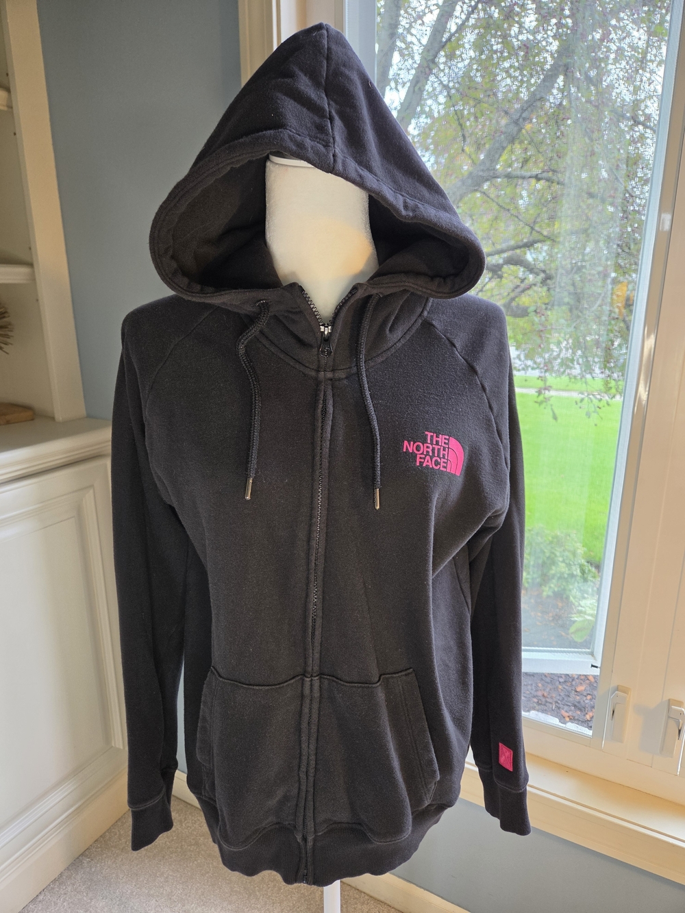 The North Face Women's Black Zip Hoodie with Pink Logo, Medium